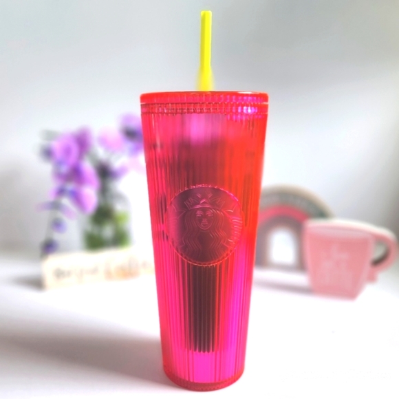 🎁GAVE AS FREE GIFT W ORDER 🩷💛Starbucks 🥤Neon Pink Ridged Venti 24oz Cold Cup